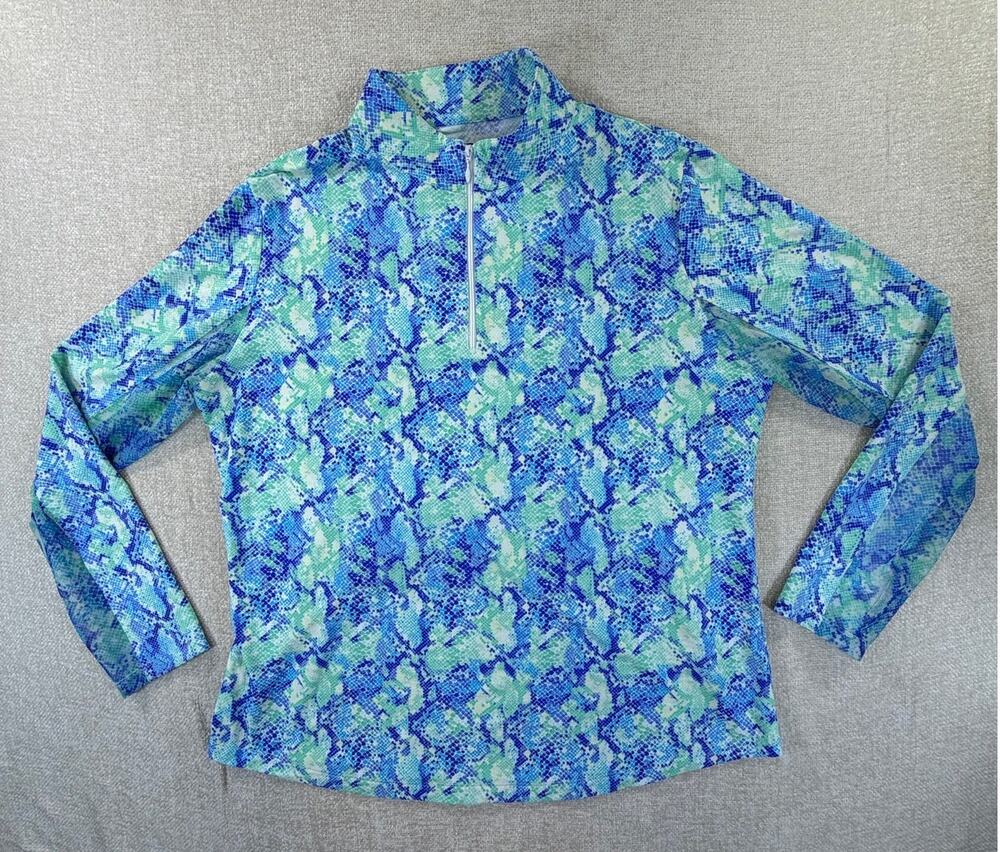 IBKUL Women XL Blue Green Snakeskin Print Quarter Zip Long Sleeve Golf Top UPF